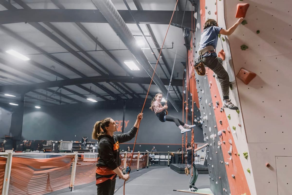 Rock climbing wall with safety harnesses