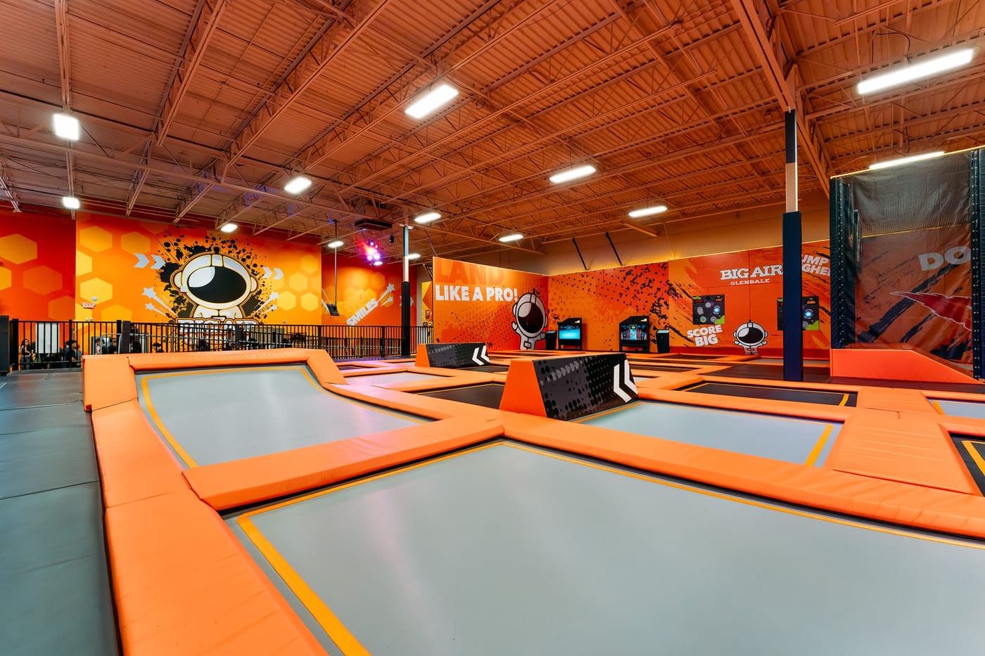 Wide view of the trampoline park arena